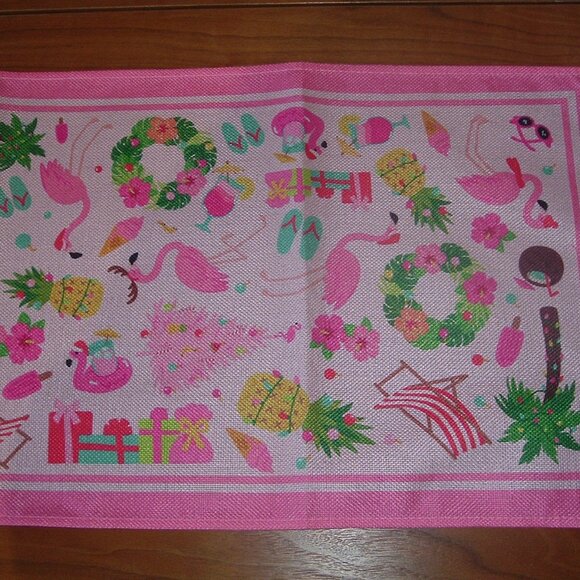 Pink Flamingo Table Runner MCM Christmas Palm Trees  LONG 70" x 13" MINT! - Picture 5 of 6